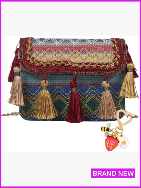 Handbags - Boho Handwoven Crossbody Bag Gold Chain Tassel Strawberry Keychain Summer